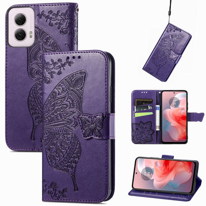 For Motorola Moto G Power 2024 Butterfly Love Flower Embossed Leather Phone Case(Dark Purple) by buy2fix