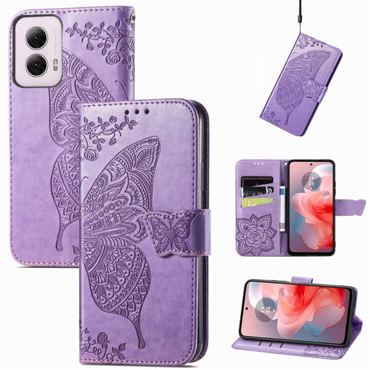 For Motorola Moto G Power 2024 Butterfly Love Flower Embossed Leather Phone Case(Light Purple) by buy2fix