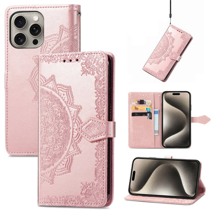 For iPhone 16 Pro Mandala Flower Embossed Leather Phone Case(Rose Gold) by buy2fix
