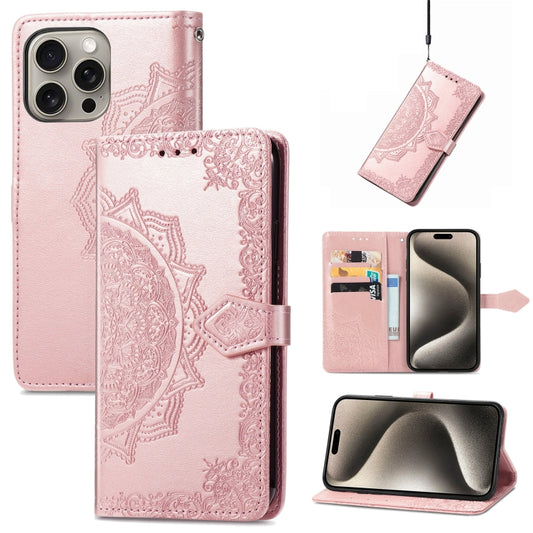 For iPhone 16 Pro Mandala Flower Embossed Leather Phone Case(Rose Gold) by buy2fix