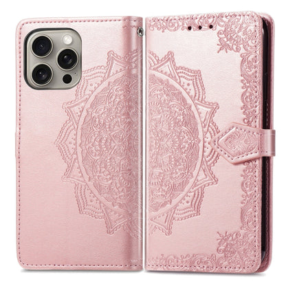 For iPhone 16 Pro Mandala Flower Embossed Leather Phone Case(Rose Gold) by buy2fix