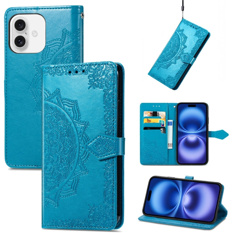 For iPhone 16 Mandala Flower Embossed Leather Phone Case(Blue) - iPhone 16 Cases by buy2fix | Online Shopping UK | buy2fix