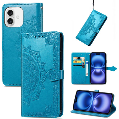 For iPhone 16 Mandala Flower Embossed Leather Phone Case(Blue) - iPhone 16 Cases by buy2fix | Online Shopping UK | buy2fix