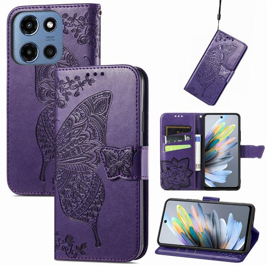 For Motorola Moto G 2025 Butterfly Love Flower Embossed Leather Phone Case(Purple)