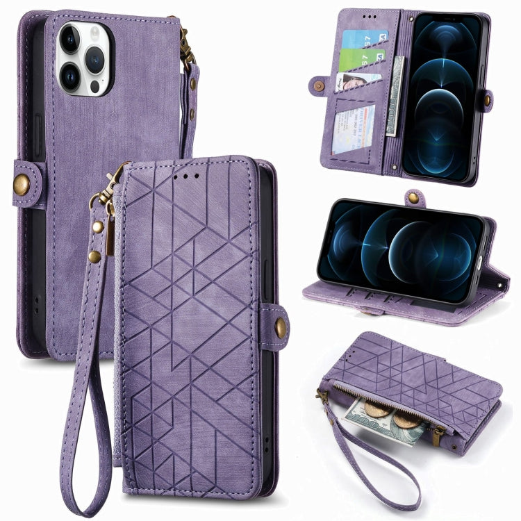 For iPhone 12 Pro Max Geometric Zipper Wallet Side Buckle Leather Phone Case(Purple) - iPhone 12 Pro Max Cases by buy2fix | Online Shopping UK | buy2fix