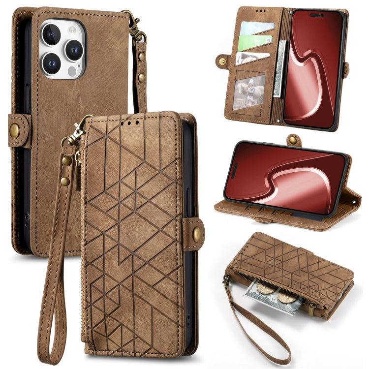 For iPhone 16 Pro Geometric Zipper Wallet Side Buckle Leather Phone Case(Brown) by buy2fix