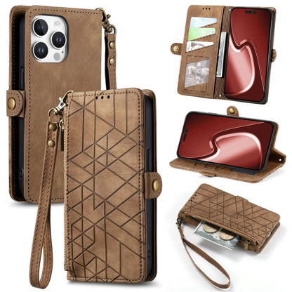 For iPhone 16 Pro Geometric Zipper Wallet Side Buckle Leather Phone Case(Brown) by buy2fix