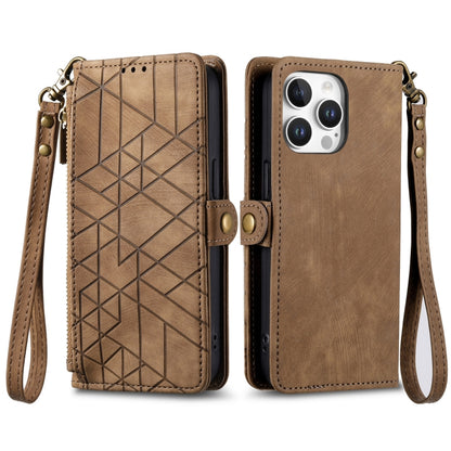 For iPhone 16 Pro Geometric Zipper Wallet Side Buckle Leather Phone Case(Brown) by buy2fix