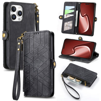 For iPhone 16 Pro Geometric Zipper Wallet Side Buckle Leather Phone Case(Black) by buy2fix
