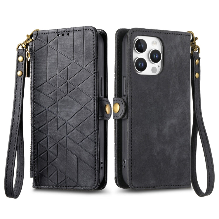 For iPhone 16 Pro Geometric Zipper Wallet Side Buckle Leather Phone Case(Black) by buy2fix