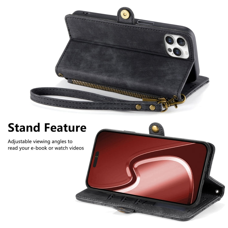 For iPhone 16 Pro Geometric Zipper Wallet Side Buckle Leather Phone Case(Black) by buy2fix