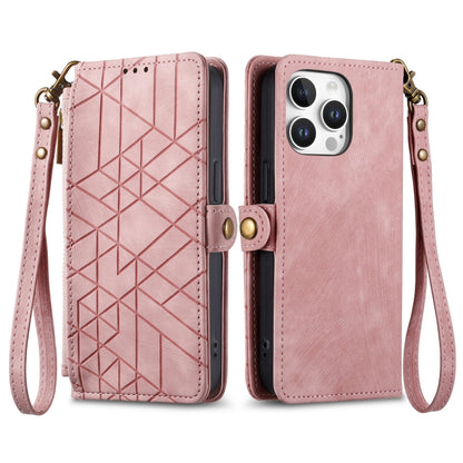 For iPhone 16 Pro Geometric Zipper Wallet Side Buckle Leather Phone Case(Pink) by buy2fix
