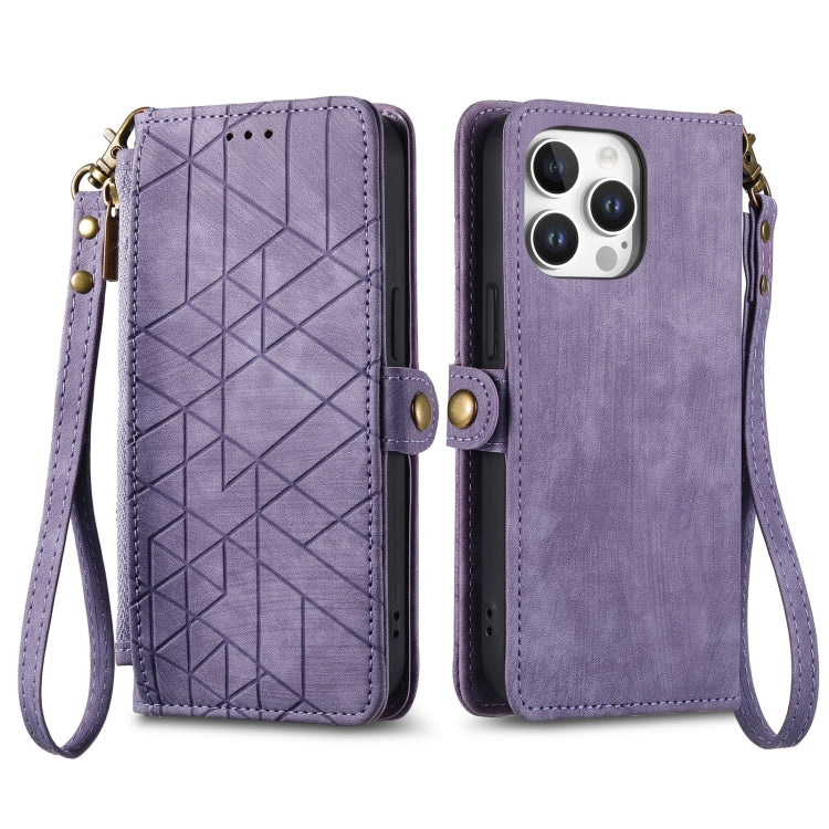 For iPhone 16 Pro Geometric Zipper Wallet Side Buckle Leather Phone Case(Purple) by buy2fix