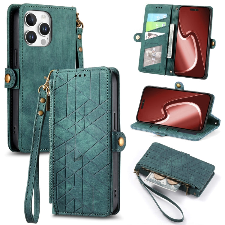 For iPhone 16 Pro Geometric Zipper Wallet Side Buckle Leather Phone Case(Green) by buy2fix