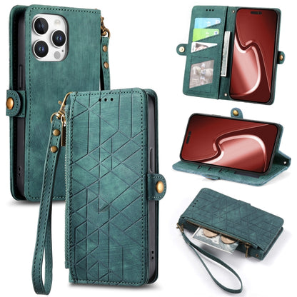 For iPhone 16 Pro Geometric Zipper Wallet Side Buckle Leather Phone Case(Green) by buy2fix