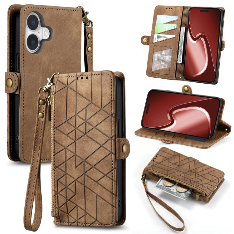 For iPhone 16 Plus Geometric Zipper Wallet Side Buckle Leather Phone Case(Brown) by buy2fix