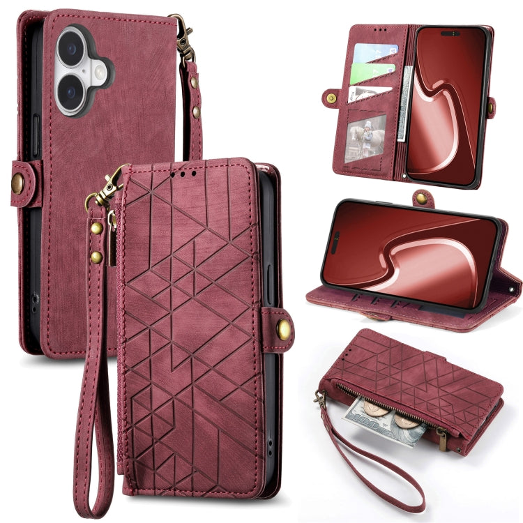 For iPhone 16 Plus Geometric Zipper Wallet Side Buckle Leather Phone Case(Red) by buy2fix