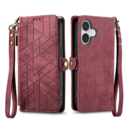 For iPhone 16 Plus Geometric Zipper Wallet Side Buckle Leather Phone Case(Red) by buy2fix