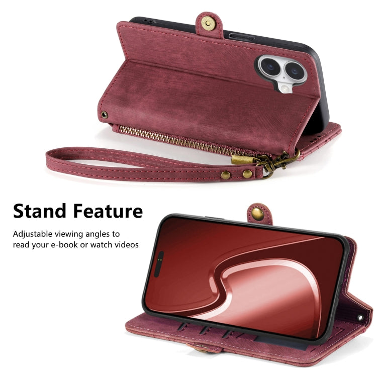 For iPhone 16 Plus Geometric Zipper Wallet Side Buckle Leather Phone Case(Red) by buy2fix