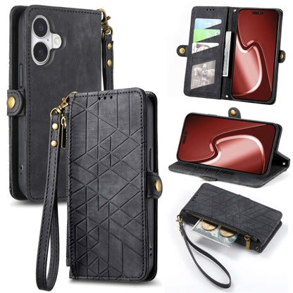 For iPhone 16 Plus Geometric Zipper Wallet Side Buckle Leather Phone Case(Black) by buy2fix