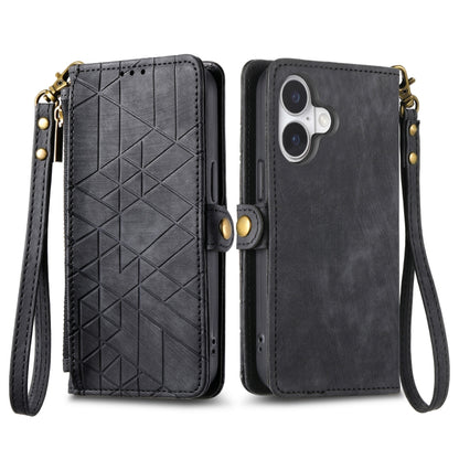 For iPhone 16 Plus Geometric Zipper Wallet Side Buckle Leather Phone Case(Black) by buy2fix