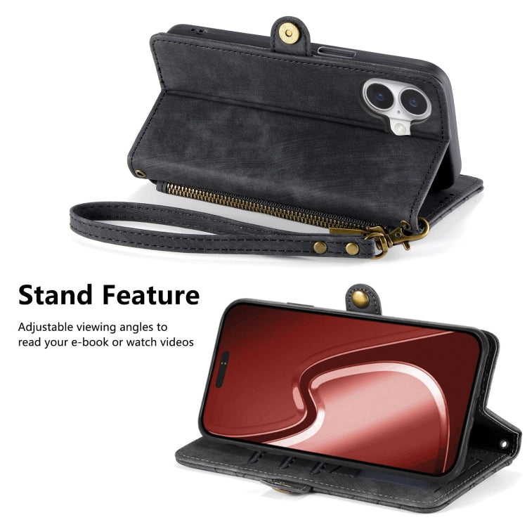 For iPhone 16 Plus Geometric Zipper Wallet Side Buckle Leather Phone Case(Black) by buy2fix