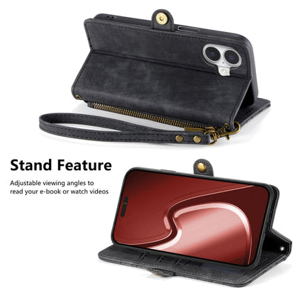 For iPhone 16 Plus Geometric Zipper Wallet Side Buckle Leather Phone Case(Black) by buy2fix