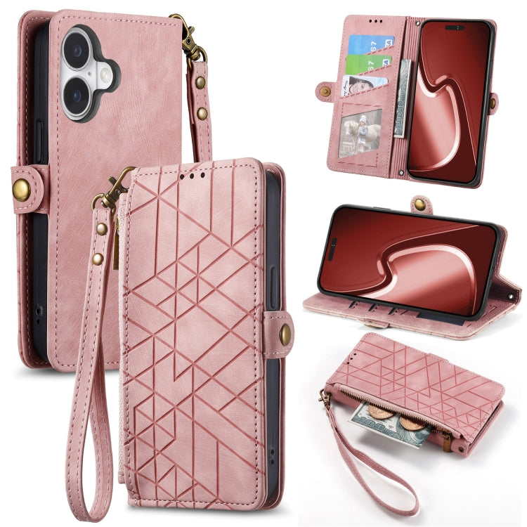 For iPhone 16 Plus Geometric Zipper Wallet Side Buckle Leather Phone Case(Pink) by buy2fix