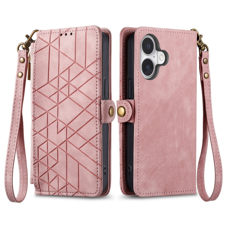 For iPhone 16 Plus Geometric Zipper Wallet Side Buckle Leather Phone Case(Pink) by buy2fix