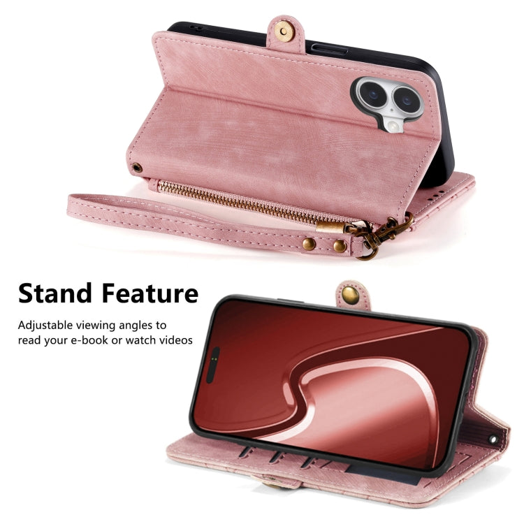For iPhone 16 Plus Geometric Zipper Wallet Side Buckle Leather Phone Case(Pink) by buy2fix