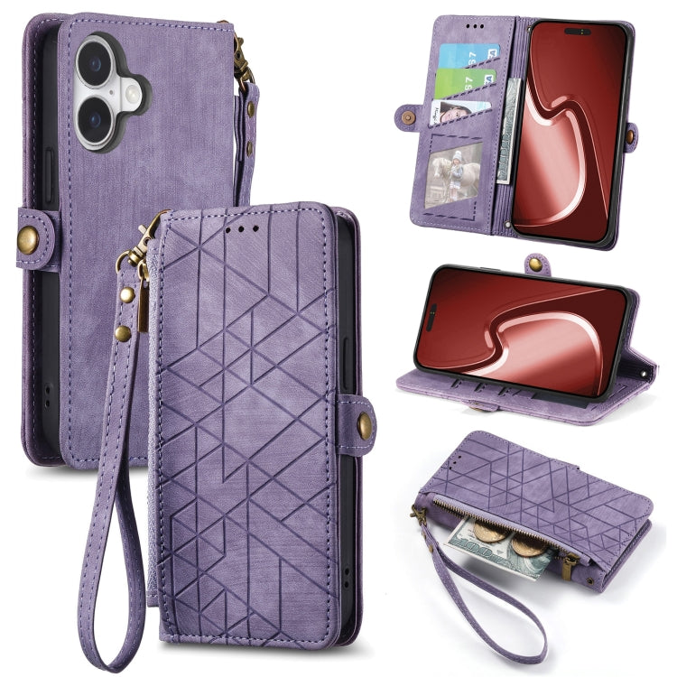 For iPhone 16 Plus Geometric Zipper Wallet Side Buckle Leather Phone Case(Purple) by buy2fix
