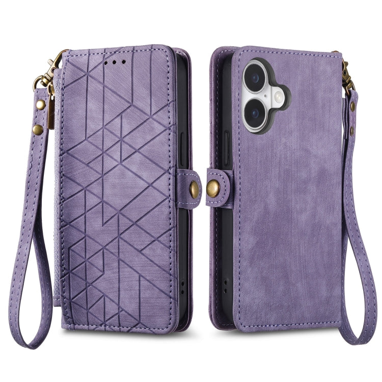 For iPhone 16 Plus Geometric Zipper Wallet Side Buckle Leather Phone Case(Purple) by buy2fix