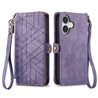 For iPhone 16 Plus Geometric Zipper Wallet Side Buckle Leather Phone Case(Purple) by buy2fix