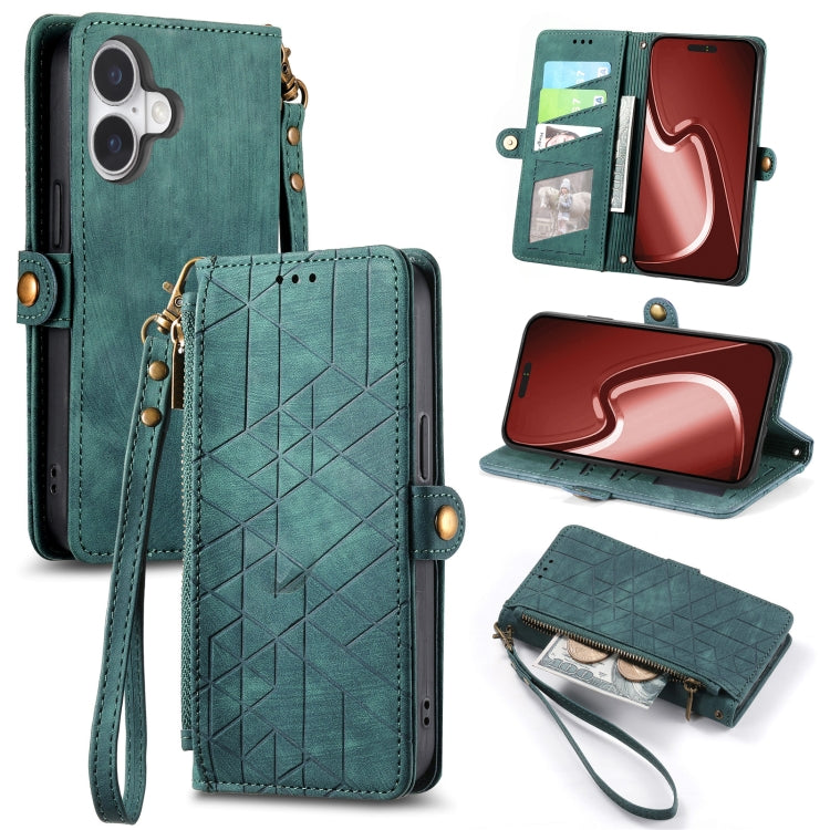 For iPhone 16 Plus Geometric Zipper Wallet Side Buckle Leather Phone Case(Green) by buy2fix