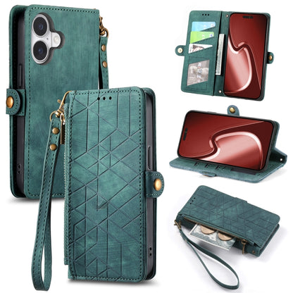 For iPhone 16 Plus Geometric Zipper Wallet Side Buckle Leather Phone Case(Green) by buy2fix
