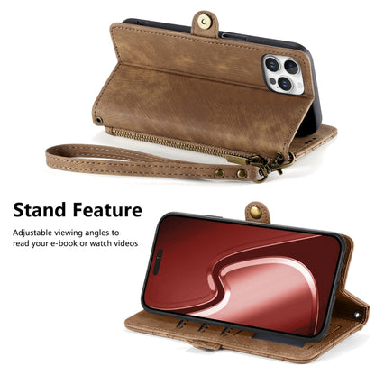 For iPhone 16 Pro Max Geometric Zipper Wallet Side Buckle Leather Phone Case(Brown) by buy2fix