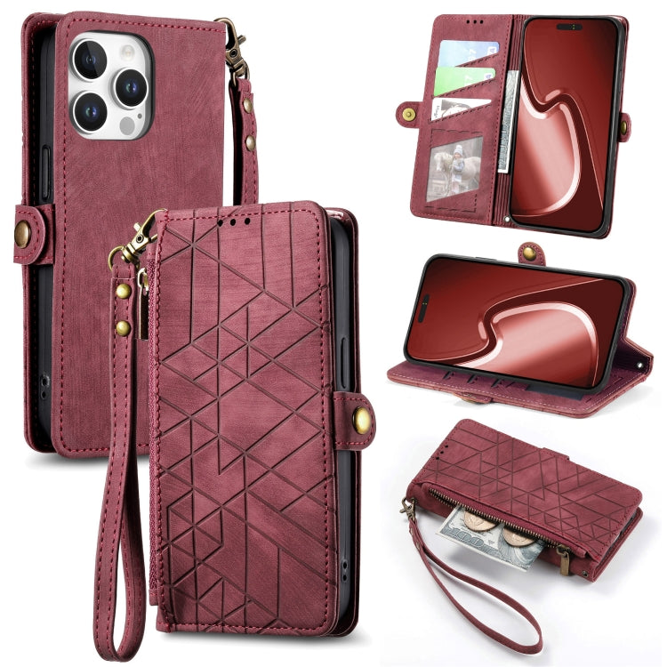 For iPhone 16 Pro Max Geometric Zipper Wallet Side Buckle Leather Phone Case(Red) by buy2fix