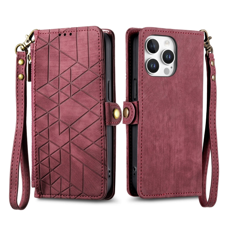 For iPhone 16 Pro Max Geometric Zipper Wallet Side Buckle Leather Phone Case(Red) by buy2fix