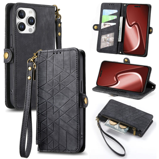 For iPhone 16 Pro Max Geometric Zipper Wallet Side Buckle Leather Phone Case(Black) by buy2fix