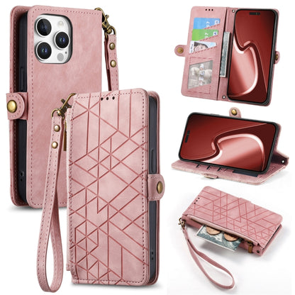 For iPhone 16 Pro Max Geometric Zipper Wallet Side Buckle Leather Phone Case(Pink) by buy2fix