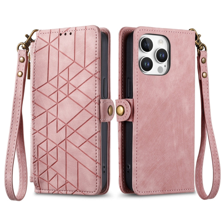 For iPhone 16 Pro Max Geometric Zipper Wallet Side Buckle Leather Phone Case(Pink) by buy2fix