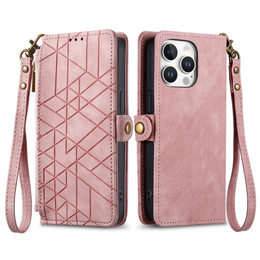 For iPhone 16 Pro Max Geometric Zipper Wallet Side Buckle Leather Phone Case(Pink) by buy2fix