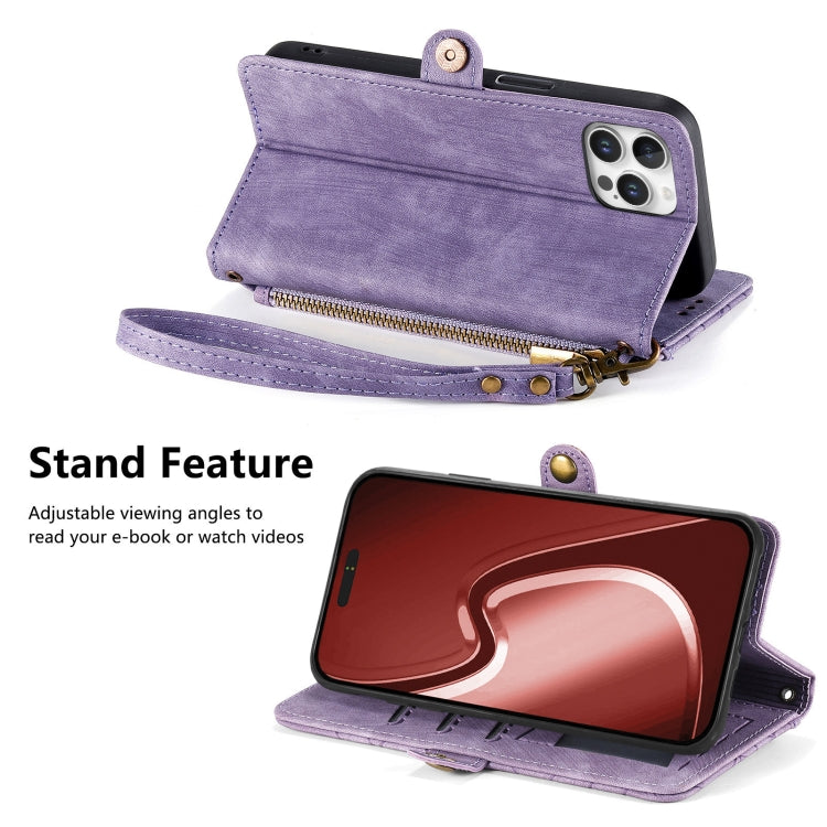 For iPhone 16 Pro Max Geometric Zipper Wallet Side Buckle Leather Phone Case(Purple) by buy2fix