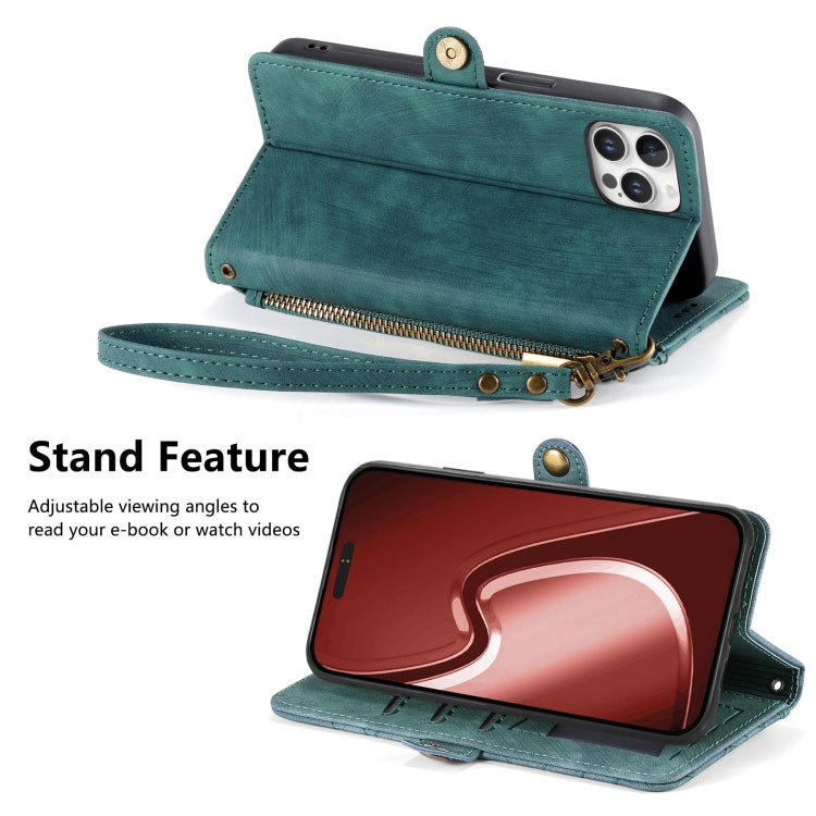For iPhone 16 Pro Max Geometric Zipper Wallet Side Buckle Leather Phone Case(Green) by buy2fix
