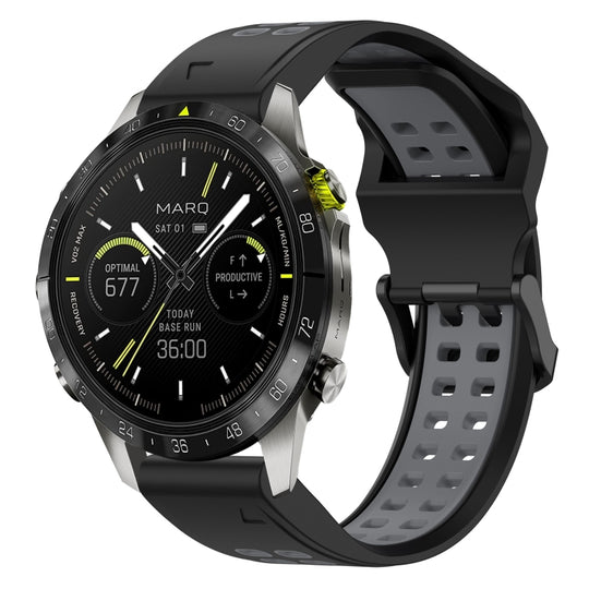For Garmin MARQ Athlete (Gen 2) Two Color Reverse Buckle 22mm Silicone Watch Band(Black+Grey)