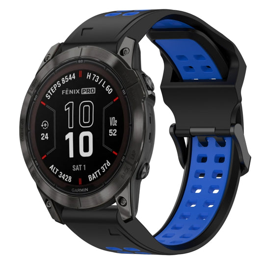 For Garmin Fenix 7X Pro 51mm Two Color Reverse Buckle 26mm Silicone Watch Band(Black+Blue)