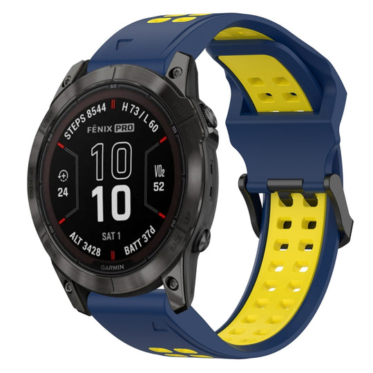 For Garmin Fenix 7X Pro 51mm Two Color Reverse Buckle 26mm Silicone Watch Band(Blue+Yellow)