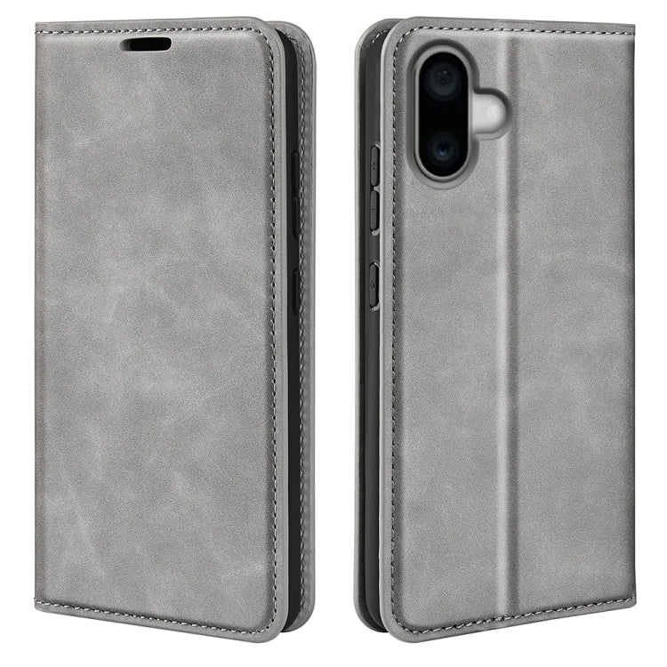 For iPhone 16 Plus Retro-skin Magnetic Suction Leather Phone Case(Grey) - iPhone 16 Plus Cases by buy2fix | Online Shopping UK | buy2fix