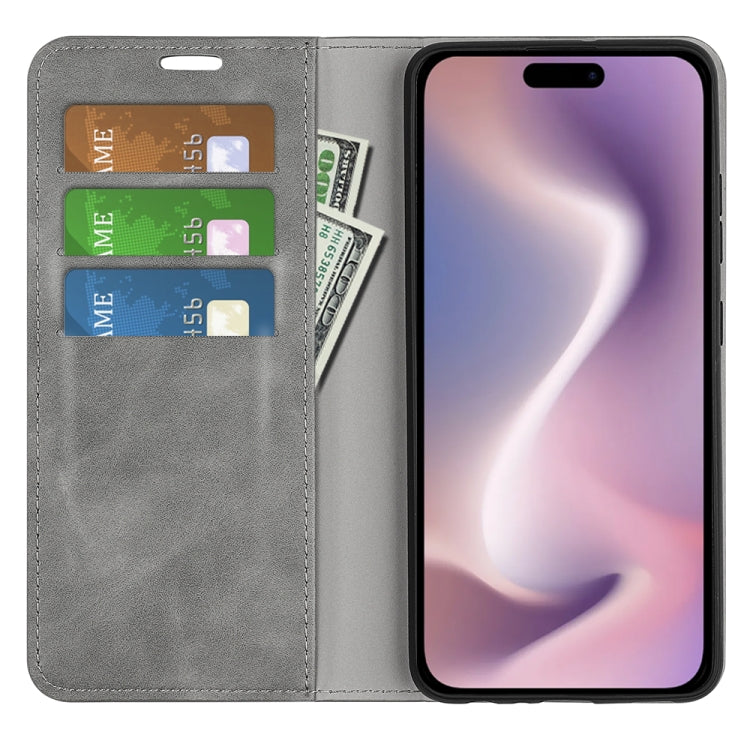 For iPhone 16 Plus Retro-skin Magnetic Suction Leather Phone Case(Grey) - iPhone 16 Plus Cases by buy2fix | Online Shopping UK | buy2fix