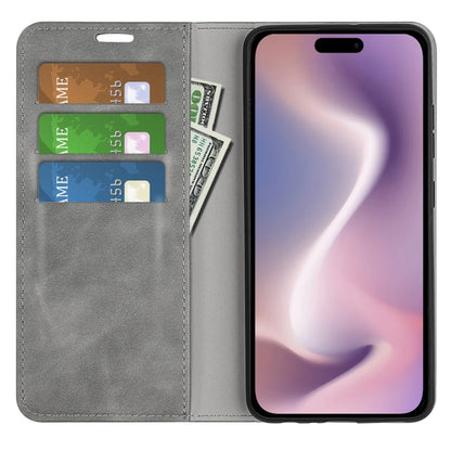For iPhone 16 Plus Retro-skin Magnetic Suction Leather Phone Case(Grey) - iPhone 16 Plus Cases by buy2fix | Online Shopping UK | buy2fix